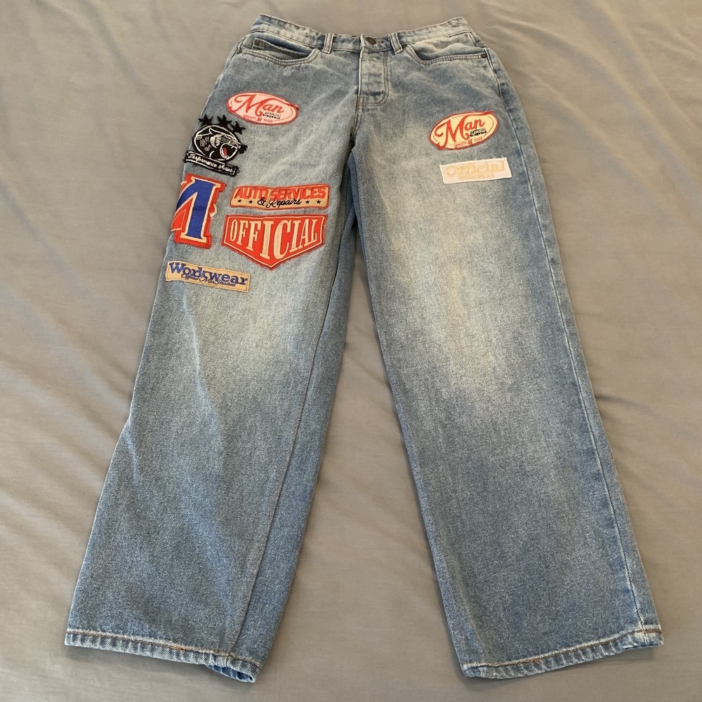 BoohooMAN Jeans Mens 30x30 Blue Light Wash Straight Auto Patch Denim Streetwear